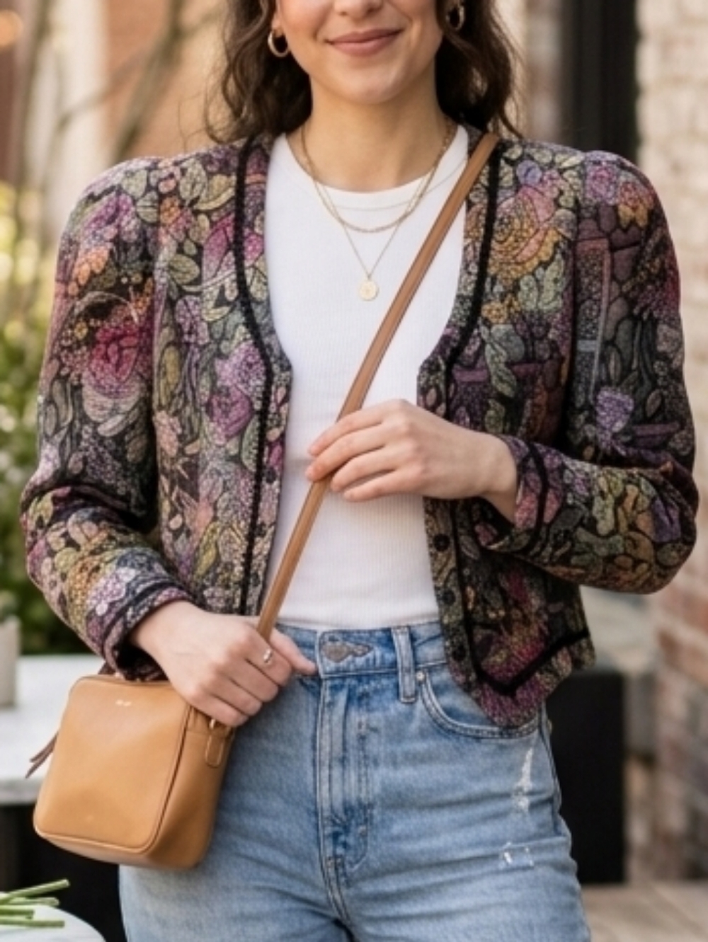 Vtg 80s Cachet by Bari Protas Floral Tapestry Jacket Puff Sleeve Cropped